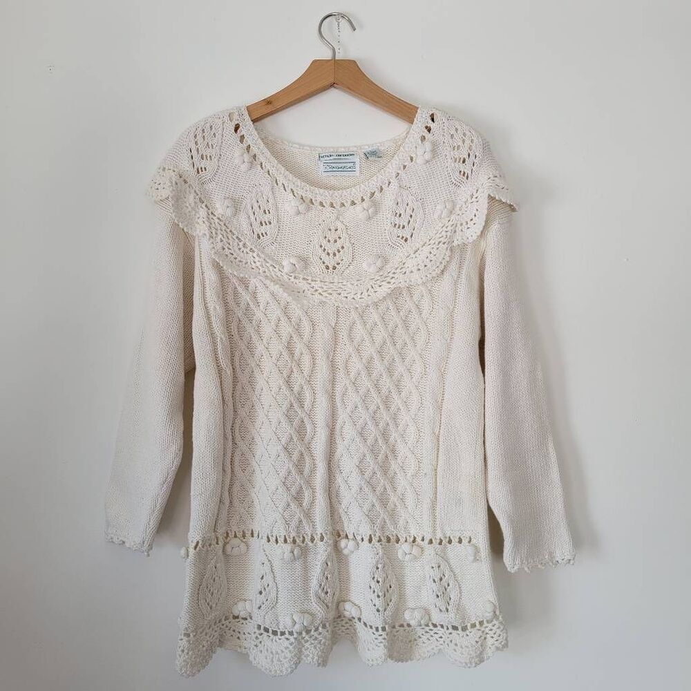 Shenanigans Vintage Ramie Cotton Sweater Dress Bobble Knit Cottagecore Cream L